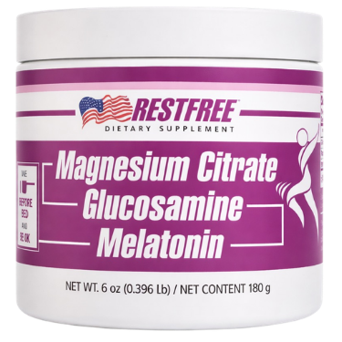 Restfree supplement jar with magnesium citrate, glucosamine, and melatonin