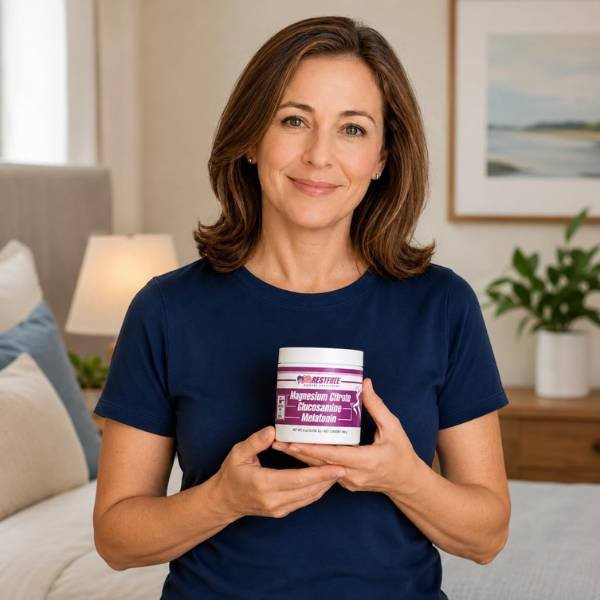 Woman holding Restfree as part of a wellness routine